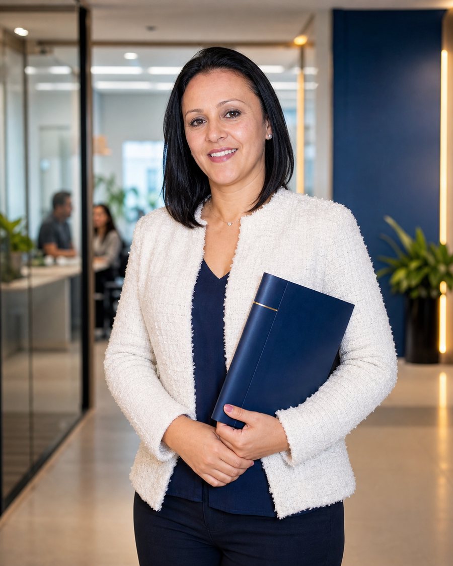 Mulher adulta segurando diploma em ambiente profissional